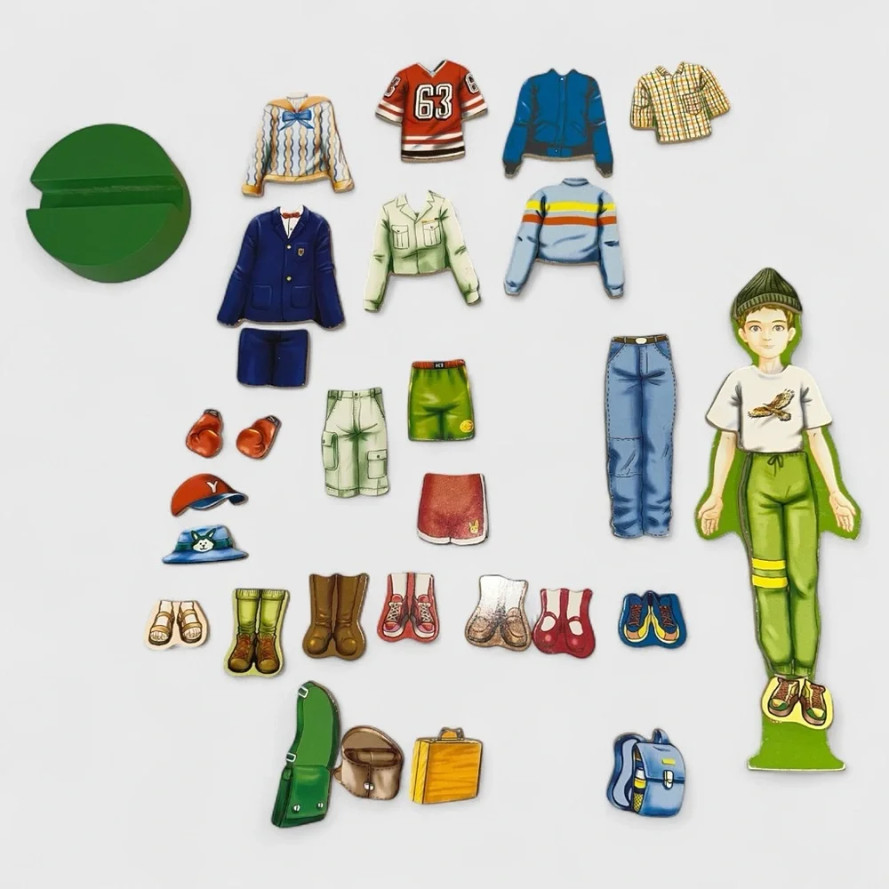 Magnetic Boy Dress Up Wooden Box, Model, Stand, and Clothing Items Used